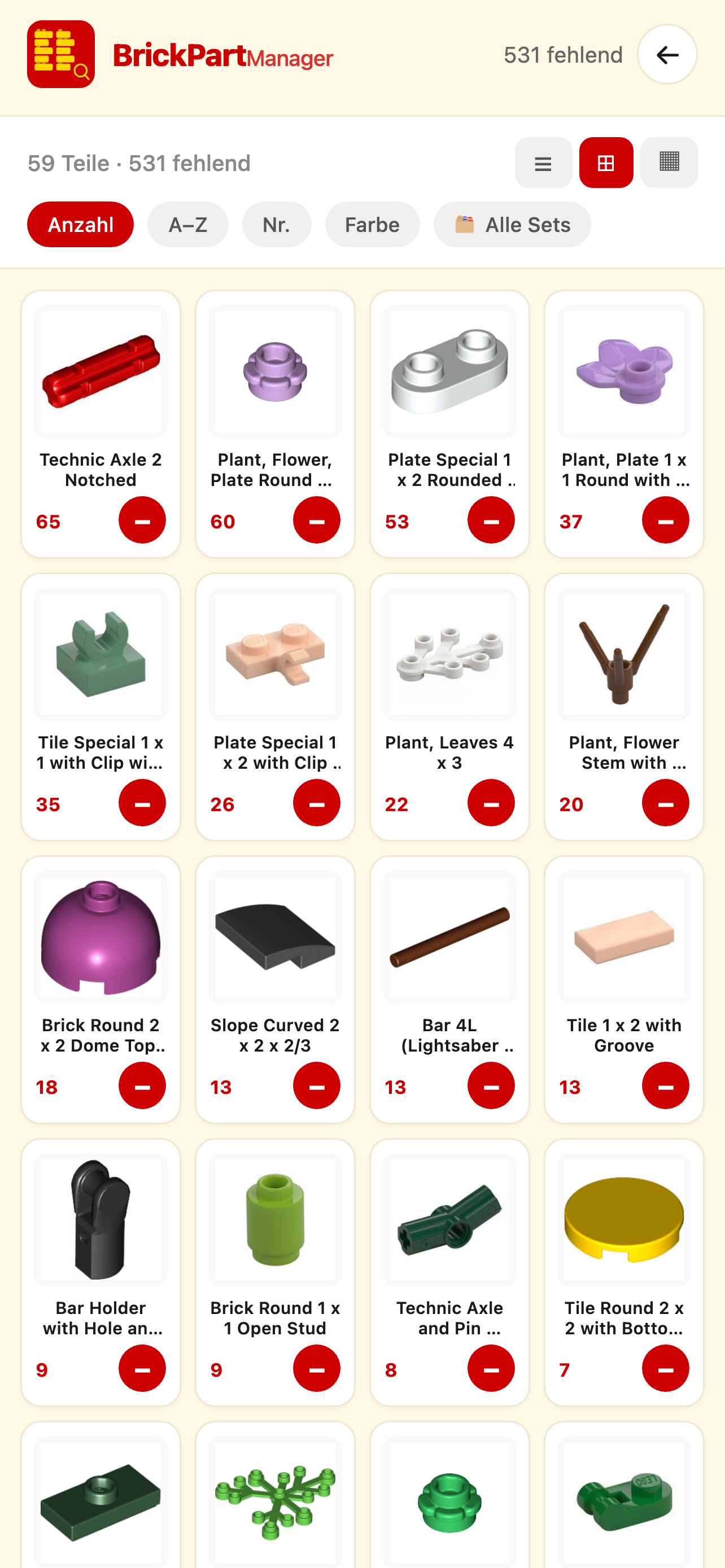 Gesamtliste fehlender Teile über mehrere Sets