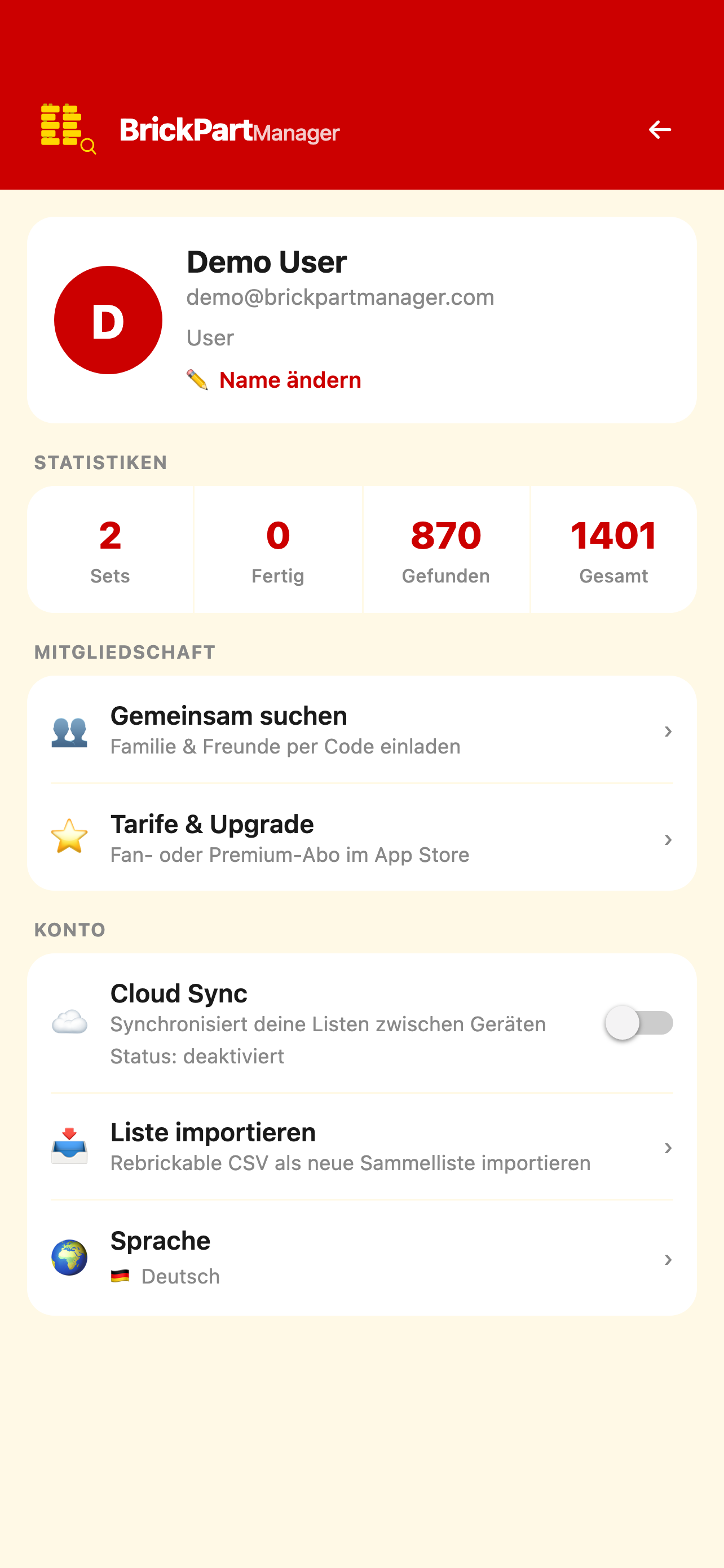 Profil- und Kontoansicht der BrickPartManager-App