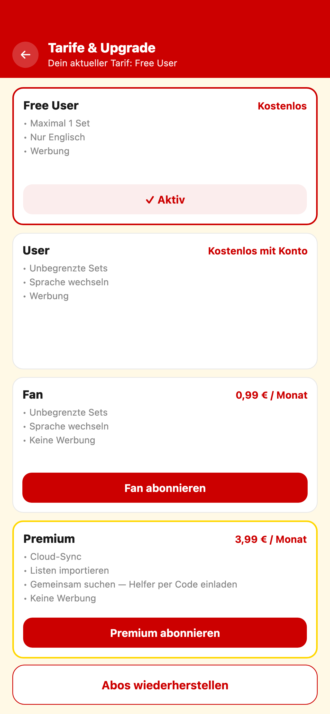 Premium-Upgrade mit Cloud-Sync und Export