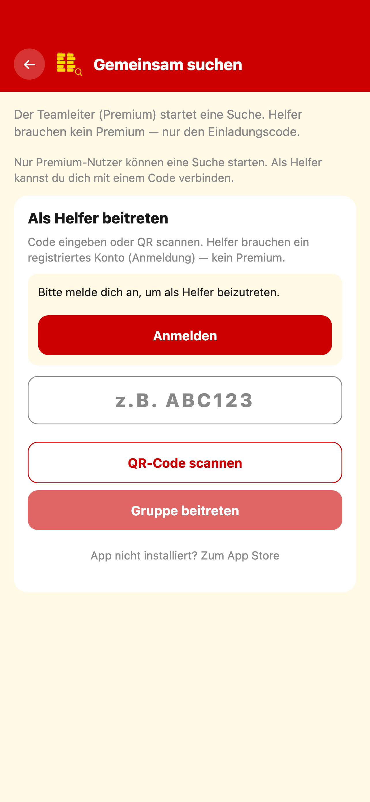Gemeinsames Suchen mit Einladungscode