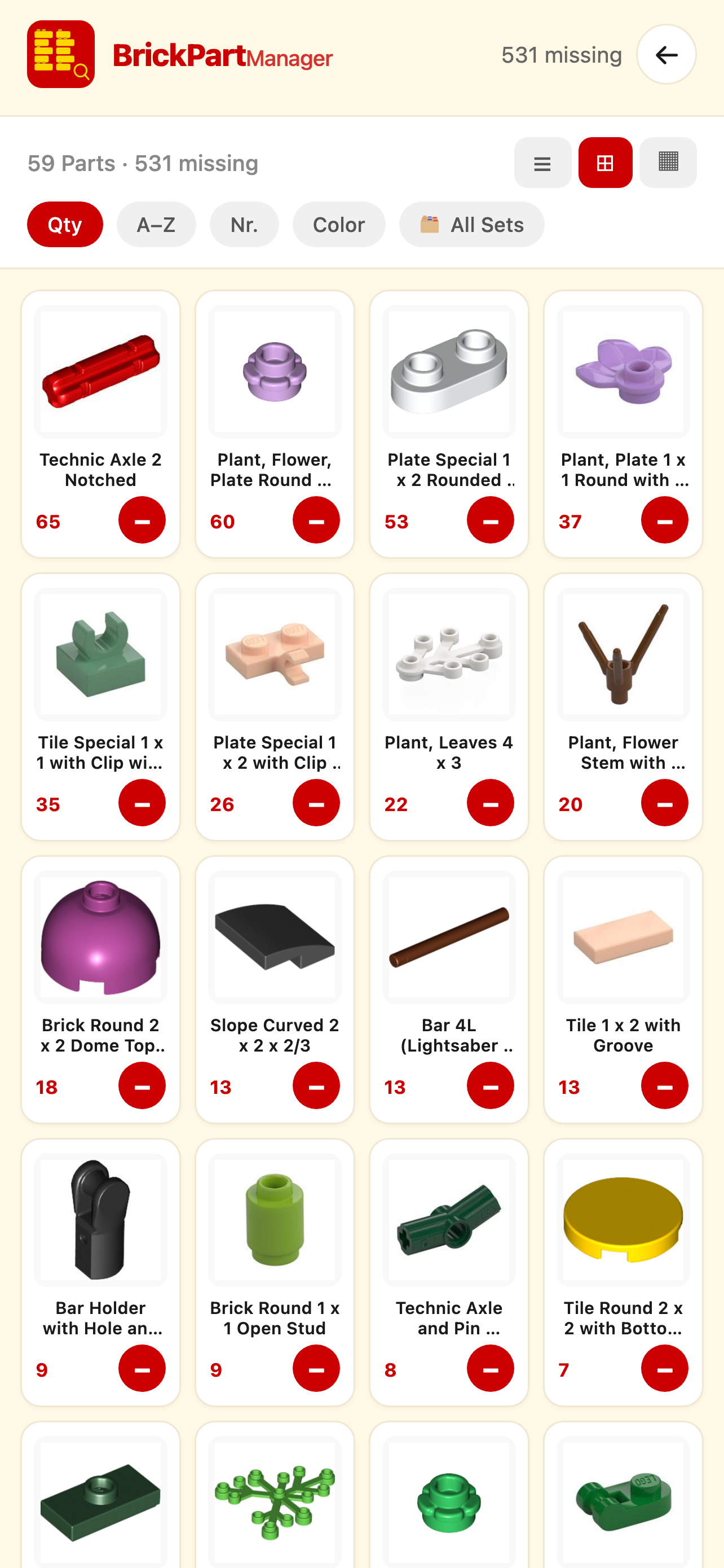 Master list of missing parts across multiple sets