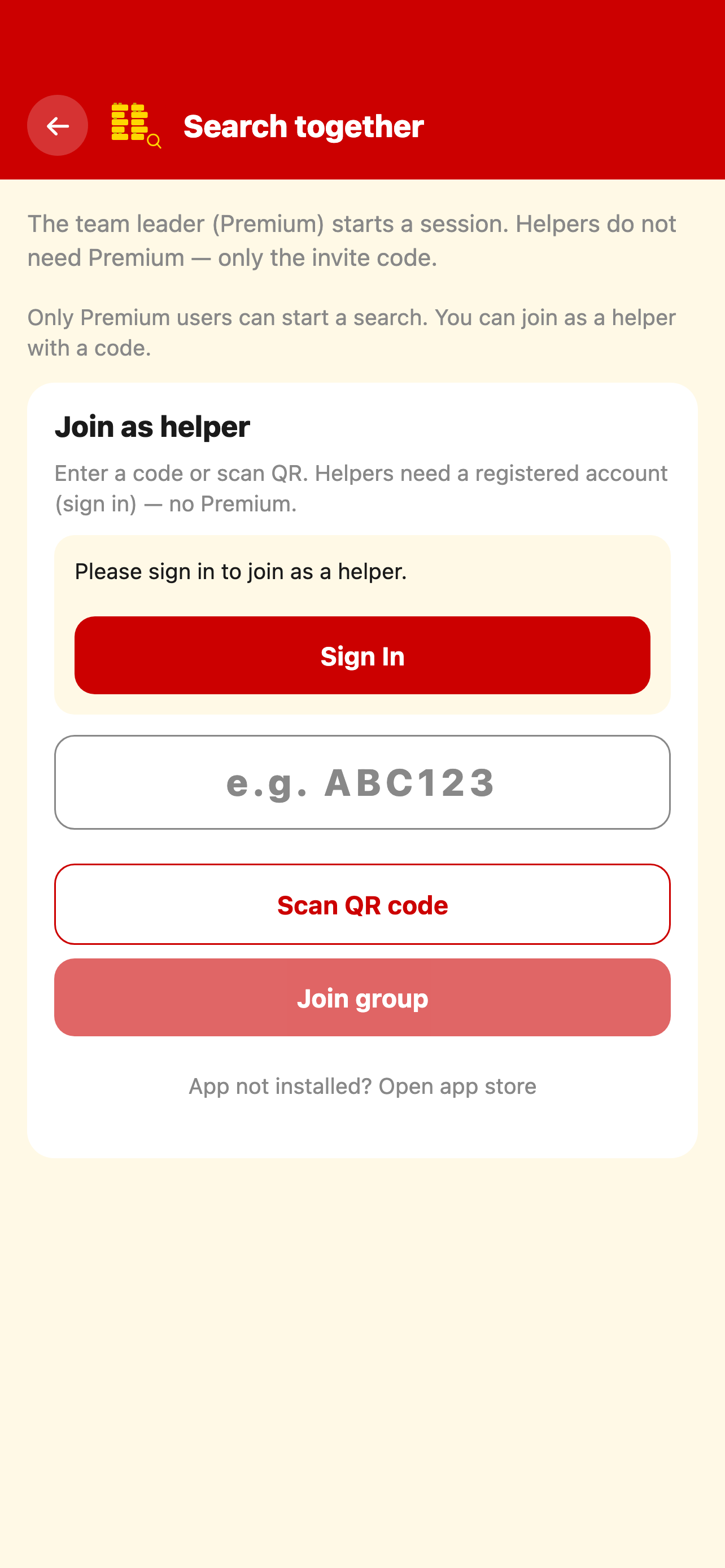 Search-together screen with invite code