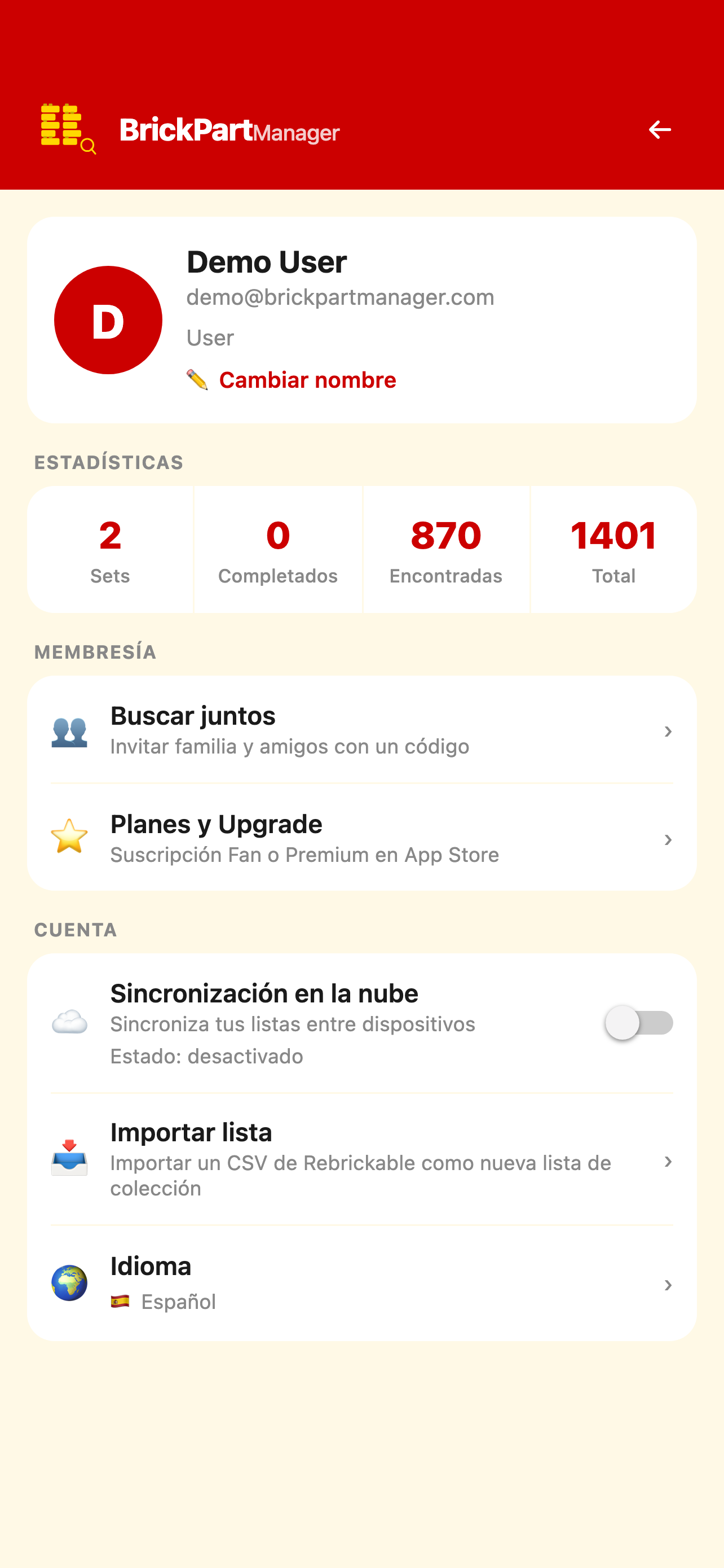 Pantalla de perfil y cuenta de BrickPartManager