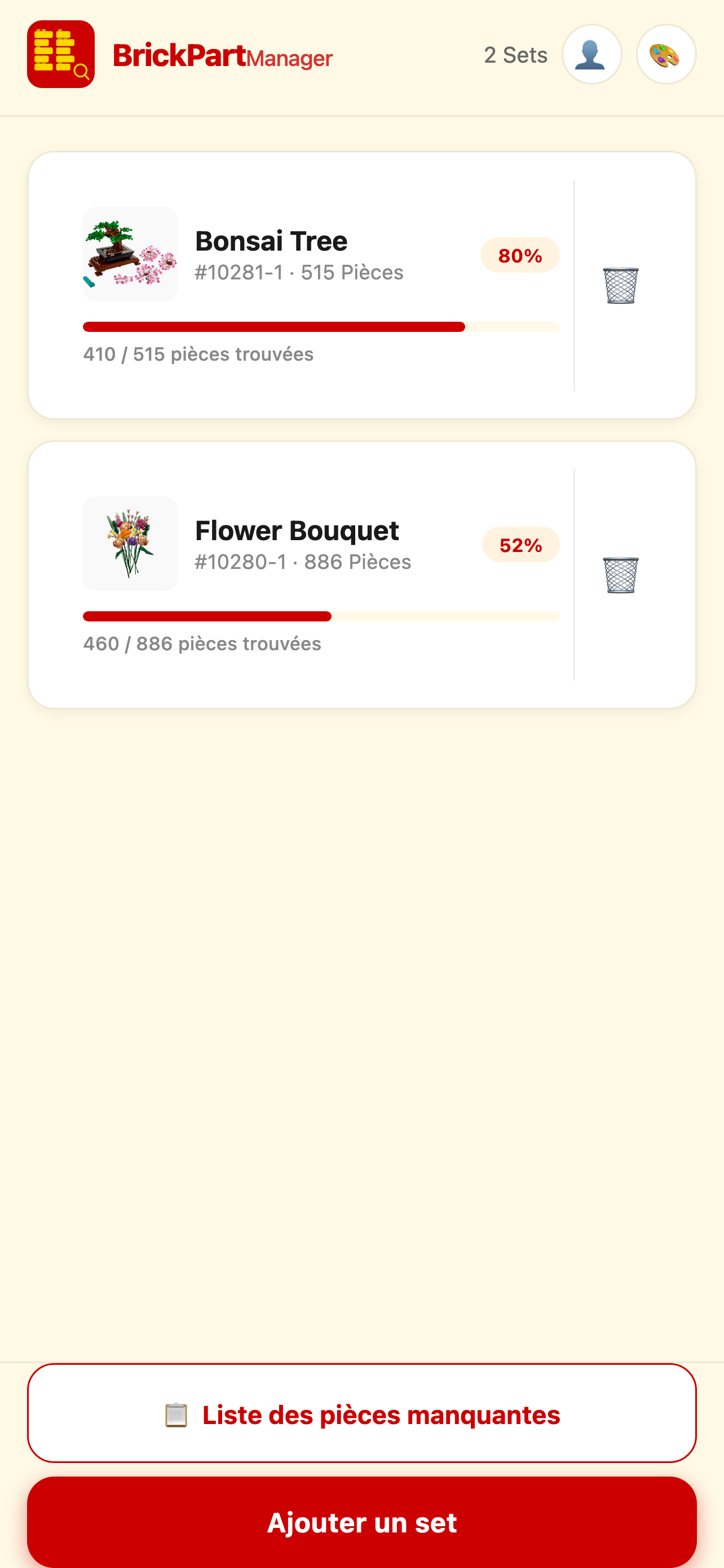 Aperçu des sets BrickPartManager avec progression par set LEGO