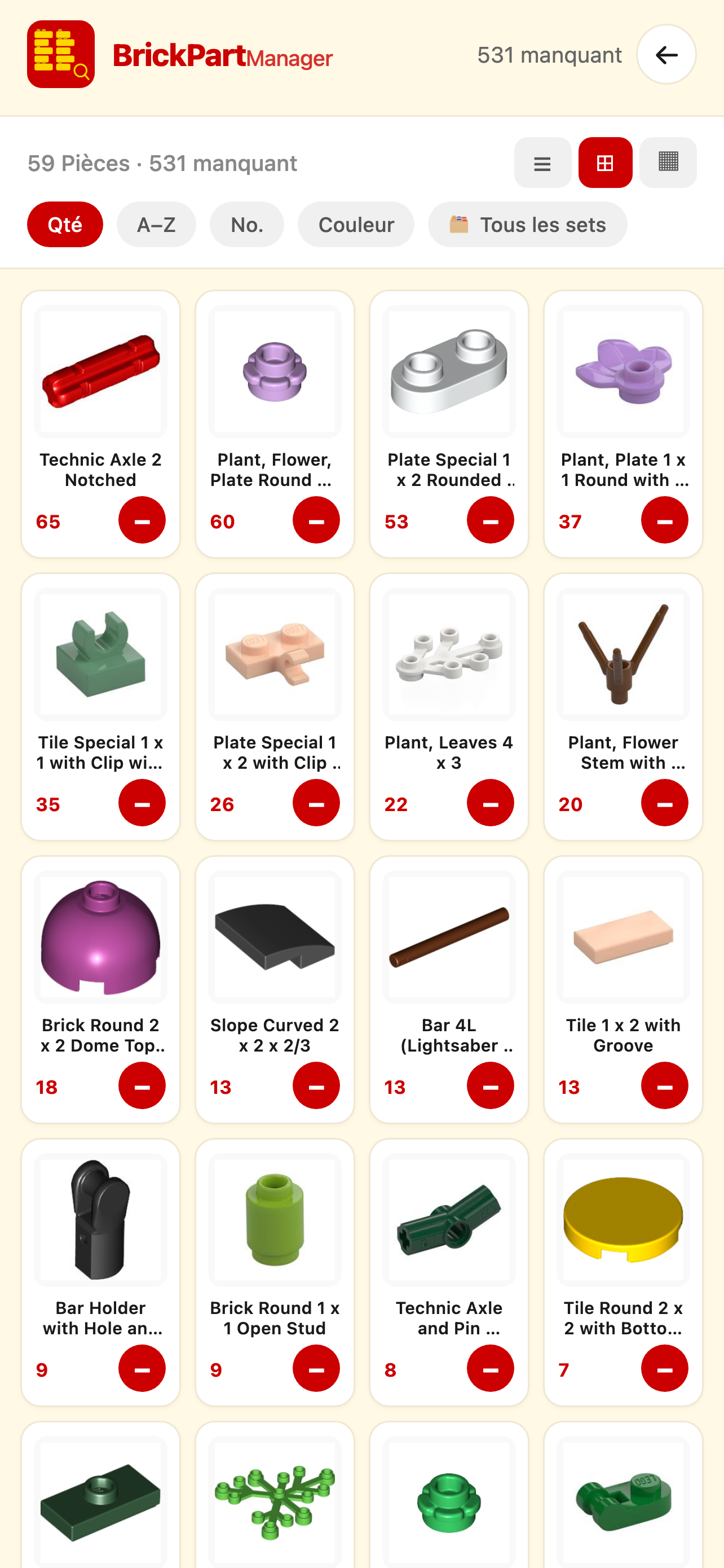 Liste globale des pièces manquantes sur plusieurs sets