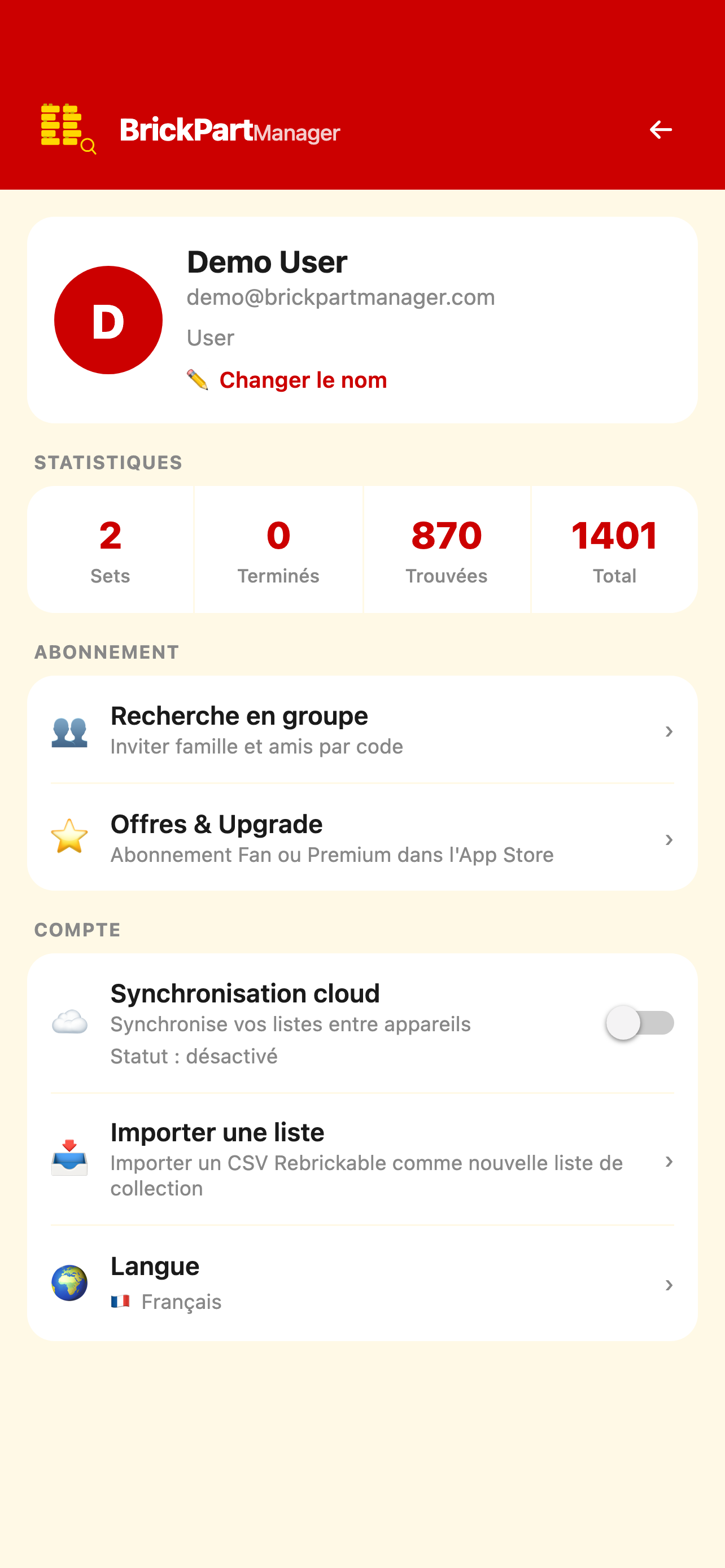 Écran profil et compte de BrickPartManager