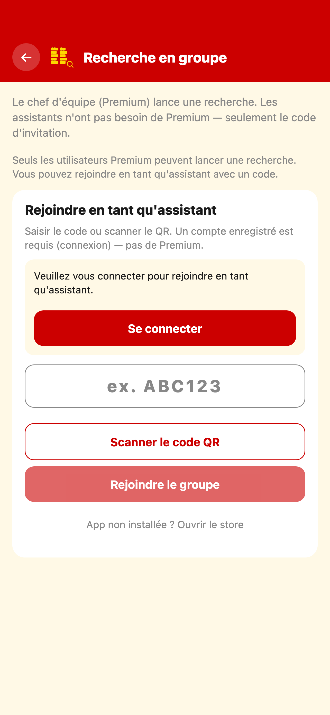 Recherche groupée avec code d’invitation