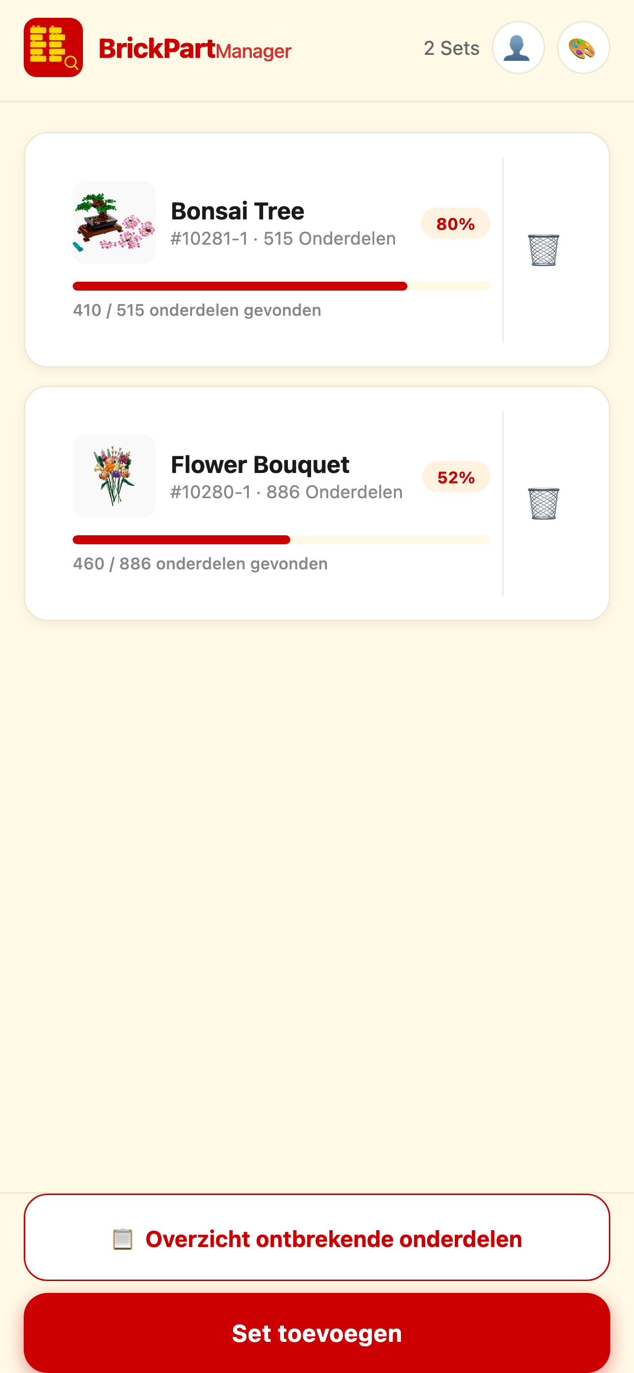 Setoverzicht in BrickPartManager met voortgang per LEGO-set