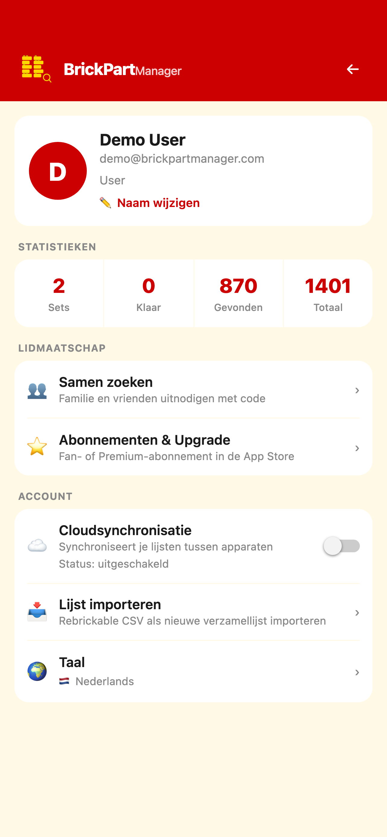 Profiel- en accountscherm van BrickPartManager